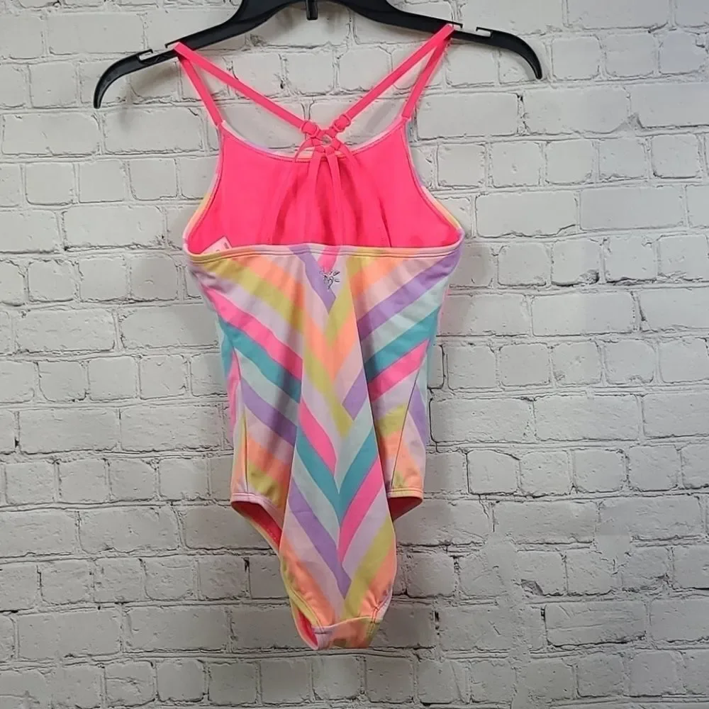 Justice Neon Pink Stripe Sunkissed 1pc Swimsuit Girls Size 10 Bathing Suit Swim